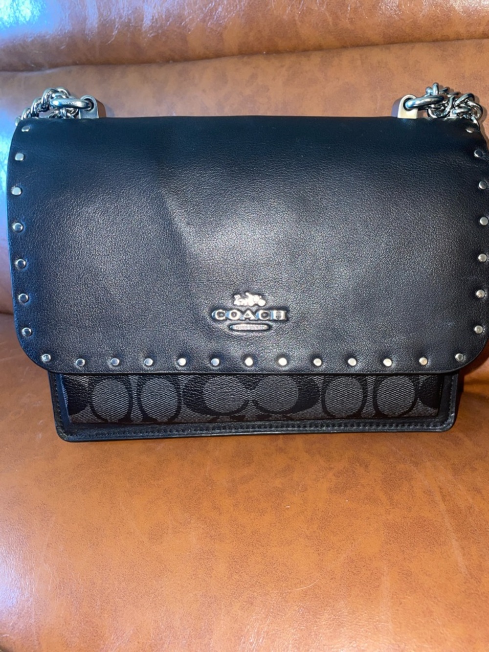 Coach Black Leather & Signature Canvas Chain Shoulder Bag with Silver Studs - Picture 3 of 17
